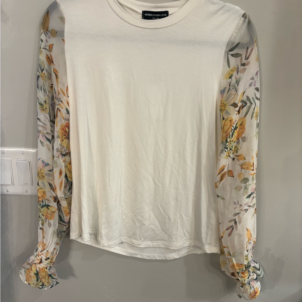 Generation Love Cream Crewneck Top with Floral Sheer Sleeves
